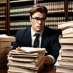 **

A young, slightly overwhelmed lawyer surrounded by stacks of legal documents and case files. The setting is a dimly lit law library with overflowing bookshelves. The lawyer is wearing glasses and a slightly rumpled suit, looking both determined and stressed. Keywords: overwhelmed, lawyer, law library, legal documents, stress, young professional, hard work.

**