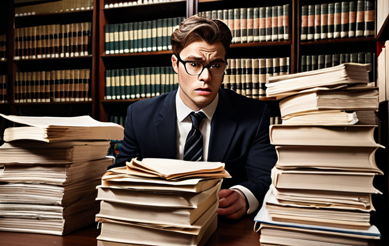 **
A young, slightly overwhelmed lawyer surrounded by stacks of legal documents and case files. The setting is a dimly lit law library with overflowing bookshelves. The lawyer is wearing glasses and a slightly rumpled suit, looking both determined and stressed. Keywords: overwhelmed, lawyer, law library, legal documents, stress, young professional, hard work.
**