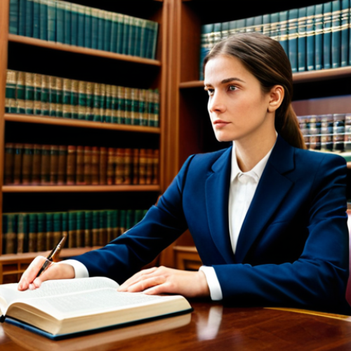 Home 9 A confident professional female lawyer, fully clothed in a modest business suit, seated at a large polished wooden desk in a sophisticated, well-lit law library. She is focused on legal research, with an open law book and a laptop displaying a research database. Her posture is natural, and her expression is contemplative and intelligent. The background features rows of neatly organized legal tomes, creating an atmosphere of deep learning and tradition. The lighting is soft and professional, highlighting the rich textures of the wood and books. Perfect anatomy, correct proportions, natural pose, well-formed hands, proper finger count, natural body proportions, professional photography, high quality, safe for work, appropriate content, fully clothed, professional.