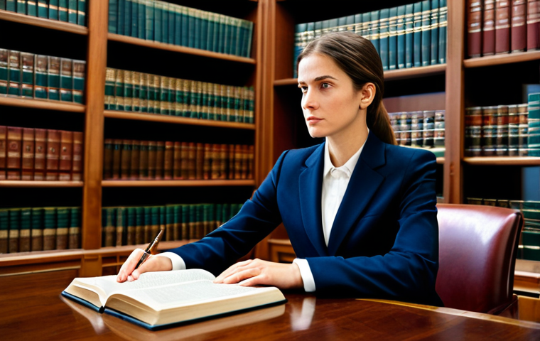 A confident professional female lawyer, fully clothed in a modest business suit, seated at a large polished wooden desk in a sophisticated, well-lit law library. She is focused on legal research, with an open law book and a laptop displaying a research database. Her posture is natural, and her expression is contemplative and intelligent. The background features rows of neatly organized legal tomes, creating an atmosphere of deep learning and tradition. The lighting is soft and professional, highlighting the rich textures of the wood and books. Perfect anatomy, correct proportions, natural pose, well-formed hands, proper finger count, natural body proportions, professional photography, high quality, safe for work, appropriate content, fully clothed, professional.