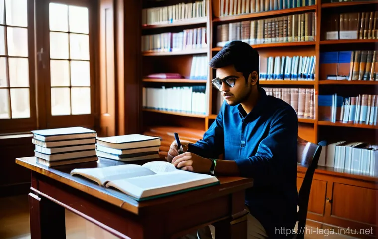 법무사 시험 중 민법 공부법 - A determined young Indian legal student, dressed in smart, contemporary casual wear, is immersed in ...