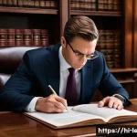 법무사와 법원 서류 처리 사례 - A professional, mid-career male lawyer, dressed in a sharp dark suit and tie, is deeply engrossed in...