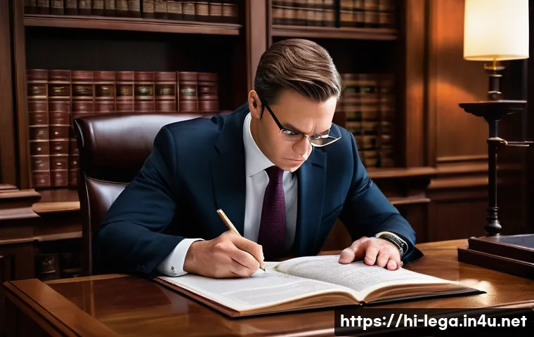법무사와 법원 서류 처리 사례 - A professional, mid-career male lawyer, dressed in a sharp dark suit and tie, is deeply engrossed in...