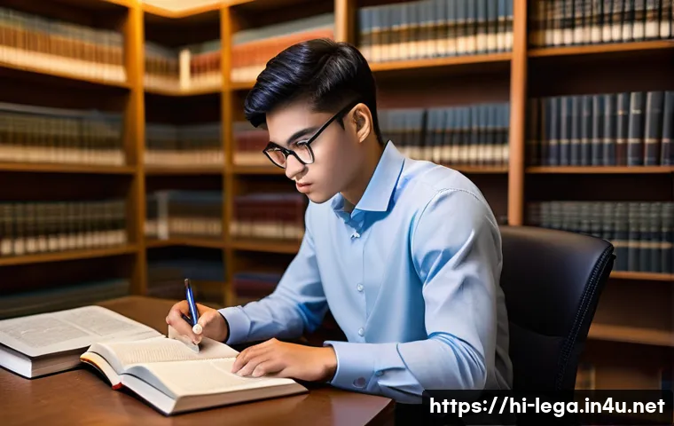 법무사 시험과정 중 집중해야 할 주요 항목 - **Prompt:** A diverse male student, in his early twenties, seated at a tidy study desk filled with l...