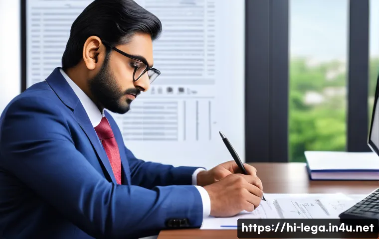 법무사 업무 중 발생하는 리스크 - A professional Indian legal expert in formal attire carefully reviewing complex legal documents writ...