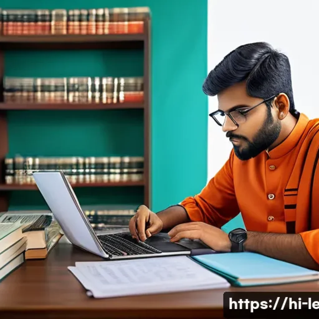 법무사 시험 중 최근 출제 경향 분석 - A modern Indian law student studying at a desk surrounded by books on constitutional law, cyber law,...