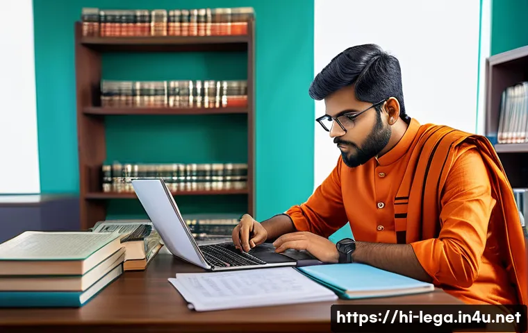법무사 시험 중 최근 출제 경향 분석 - A modern Indian law student studying at a desk surrounded by books on constitutional law, cyber law,...