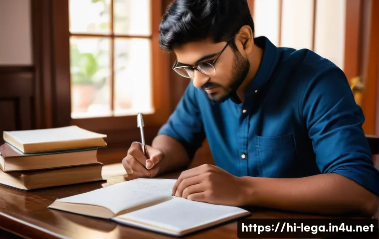 법무사 시험 중점 과목 공략 - A focused Indian law student studying in a traditional home setting, surrounded by open legal textbo...