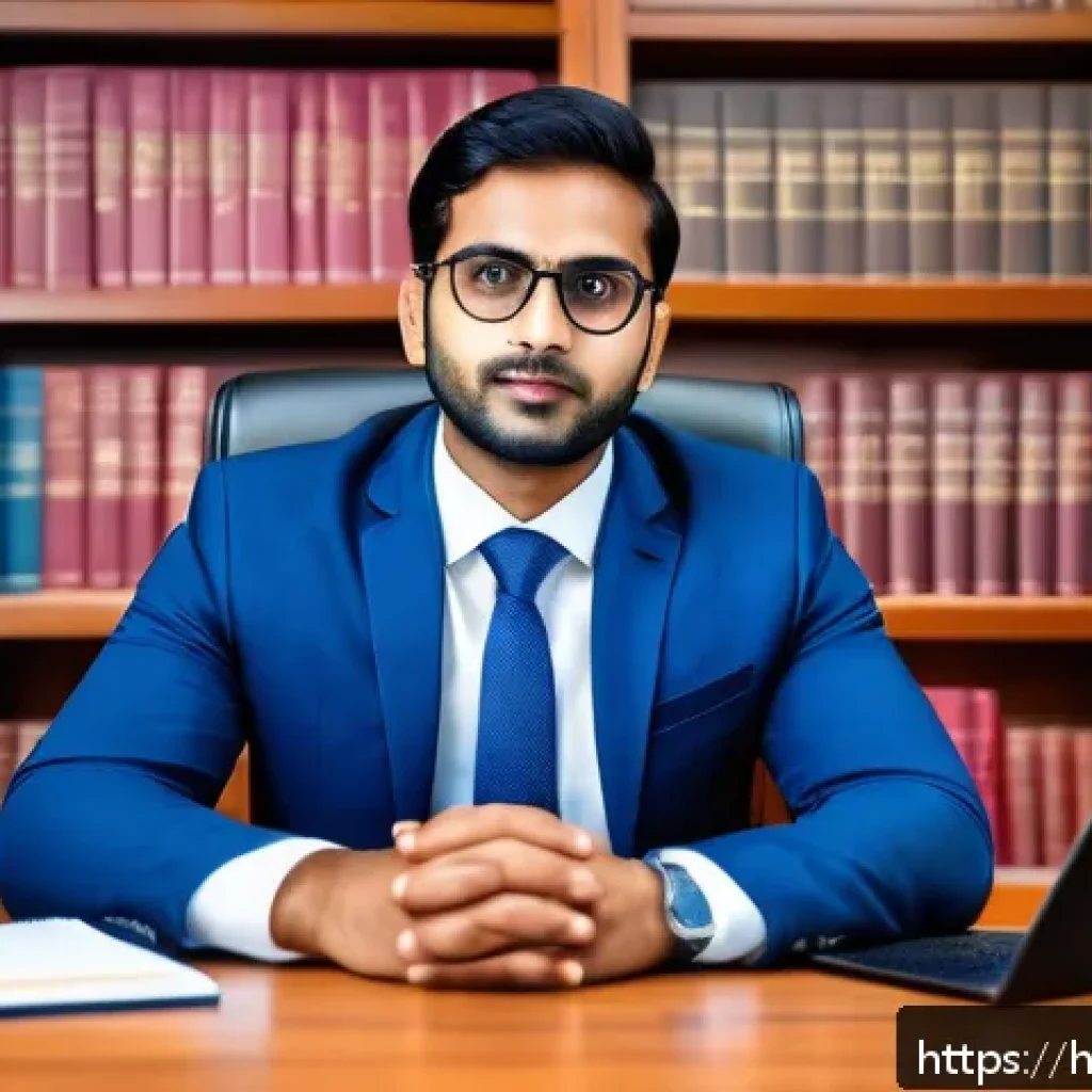 법무사 연봉 협상 팁 - A professional Indian lawyer in a modern office setting, dressed in formal business attire with a ne...