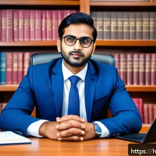 법무사 연봉 협상 팁 - A professional Indian lawyer in a modern office setting, dressed in formal business attire with a ne...