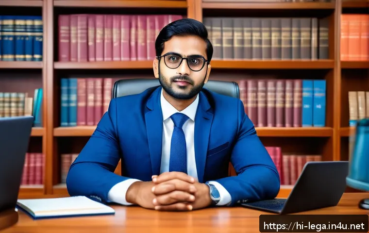 법무사 연봉 협상 팁 - A professional Indian lawyer in a modern office setting, dressed in formal business attire with a ne...