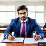 법무사 경력 개발 방법 - A professional Indian lawyer in a modern courtroom setting, dressed in formal business attire with a...