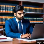 법무사 업무에서 자주 사용하는 도구 - A professional Indian lawyer in formal attire sitting at a modern office desk, deeply focused on a l...