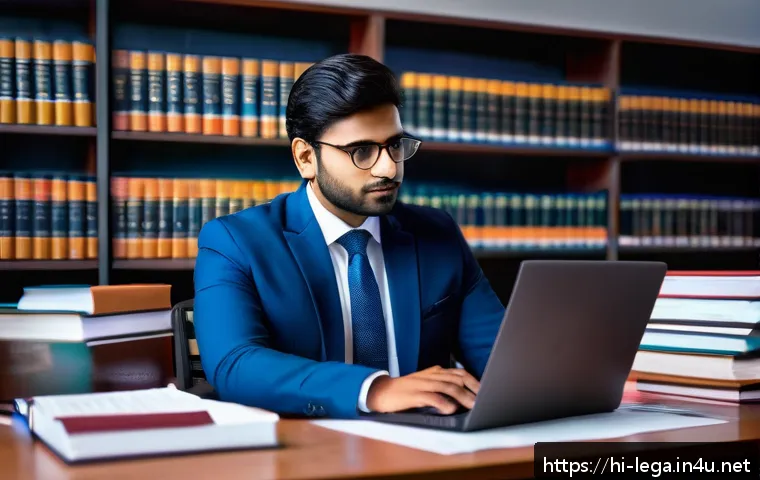 법무사 업무에서 자주 사용하는 도구 - A professional Indian lawyer in formal attire sitting at a modern office desk, deeply focused on a l...