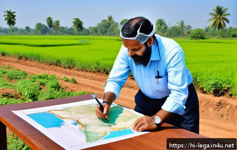 법무사로서 부동산 등기 실무 사례 - A professional Indian land surveyor using modern GPS and drone technology to accurately demarcate a ...